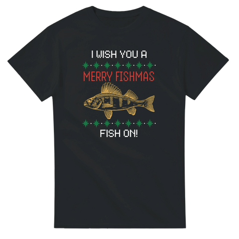 Svart jul-t-shirt med abborre och texten I wish you a Merry Fishmas – Fish On i ugly Christmas sweater-stil