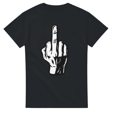 Svart t-shirt med stor vit illustration av en hand som visar långfingret – ett klassiskt fuck you-motiv för dig med attityd