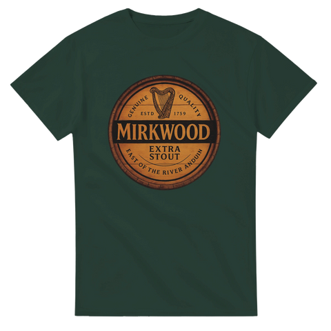Grön t-shirt med öletikett-inspirerad design och texten "Mirkwood Extra Stout"