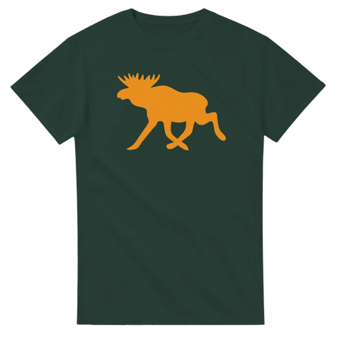 Mörkgrön t-shirt med orange älgsilhuett i grafisk design
