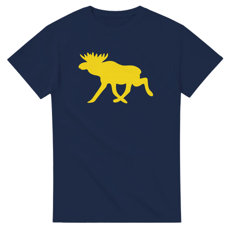 Marinblå t-shirt med gul älgsilhuett i grafisk design