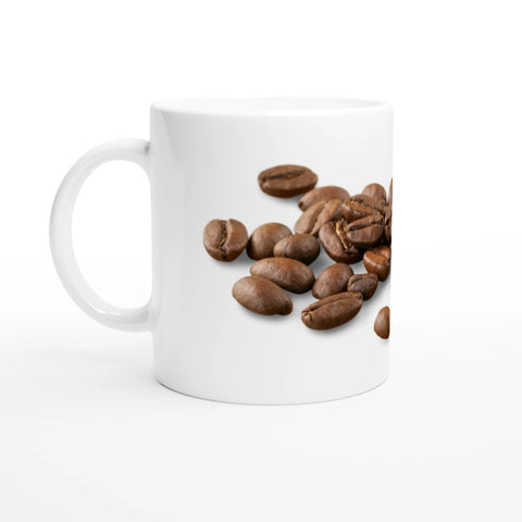 Vit mugg med tryck av kaffebönor i minimalistisk design