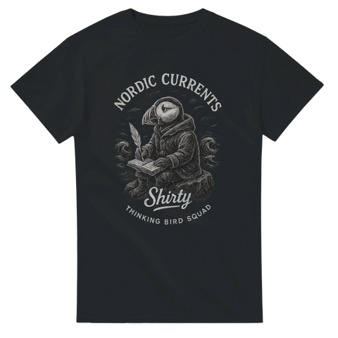 Svart T-shirt med en lunnefågel i regnkappa skriver med fjäderpenna, med texten "Nordic Currents – Shirty – Thinking Bird Squad".