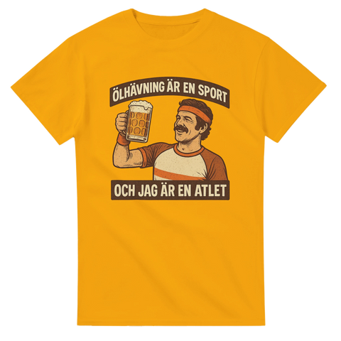 Gul t-shirt med retroillustration av man som höjer en sejdel och texten ”Ölhävning är en sport och jag är en atlet”.