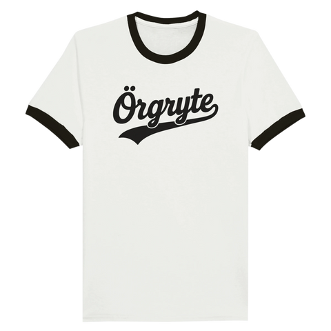 Ringer t-shirt med svart text "Örgryte" i retrostil på vit bakgrund