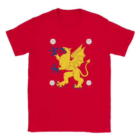 T-shirt med Östergötlands landskapsvapen – bevingat gult lejon på röd bakgrund