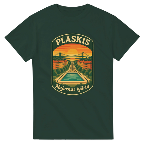 Grön T-shirt med retroinspirerad illustration av Plaskis – utomhusbassängen i Majorna, Göteborg, med texten “Majornas hjärta”.
