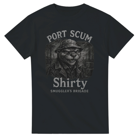 T-shirt med en ruffig utter i fiskarhatt och jacka med texten "Port Scum – Shirty – Smuggler’s Brigade".