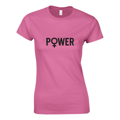 Rosa feministisk T-shirt med texten POWER och kvinnosymbol