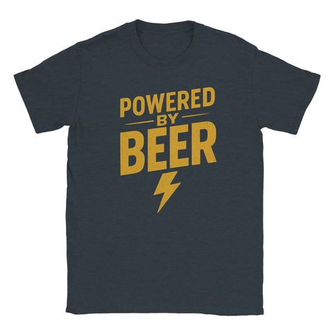 T-shirt med retrotexten "Powered by Beer" i gult och blixtsymbol, tryckt på svart tyg