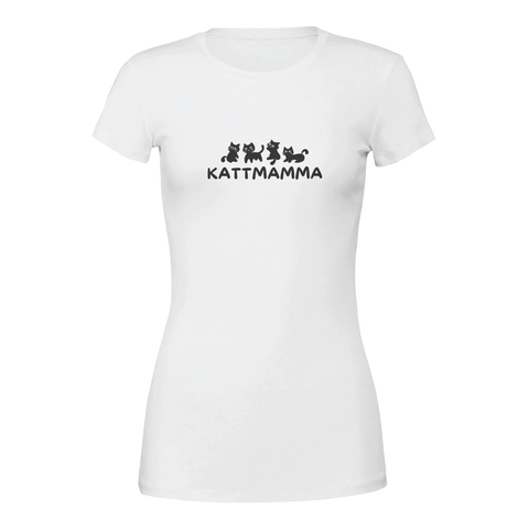 Vit dam-t-shirt med tre tecknade katter och texten “Kattmamma”