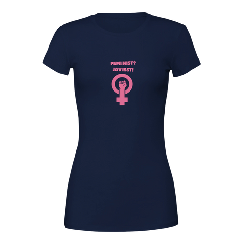 Mörk damt-shirt med rosa feministisk symbol och texten "Feminist? Javisst!"