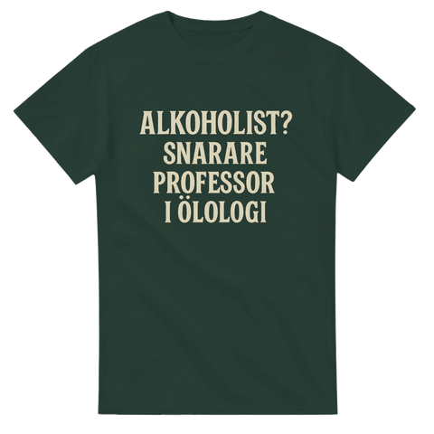 Rolig t-shirt med texten "Alkoholist? Snarare professor i ölologi"