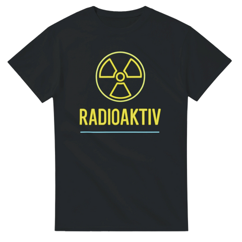 Svart t-shirt med gul radioaktivitetssymbol och texten "Radioaktiv", perfekt för humor, statement eller festival.