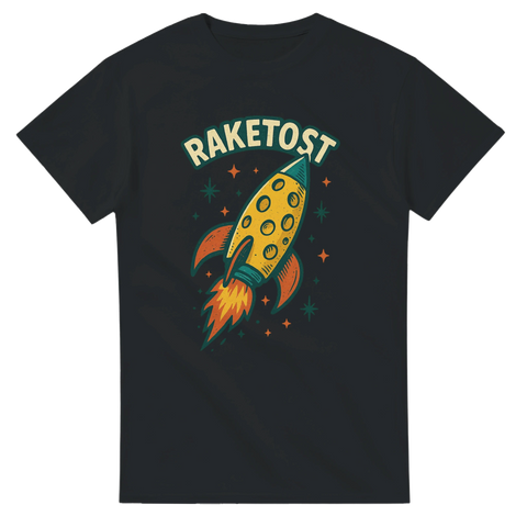 Svart t-shirt med raket formad som en ost och texten "RAKETOST"