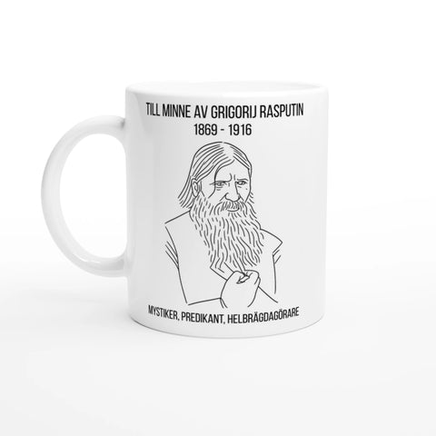 Vit mugg med linjeteckning av Grigorij Rasputin och text till hans minne