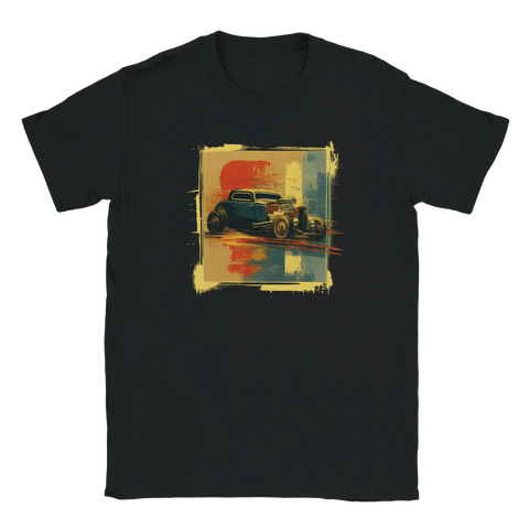 T-shirt med konstnärlig bild av hot rod i gulröd färgskala