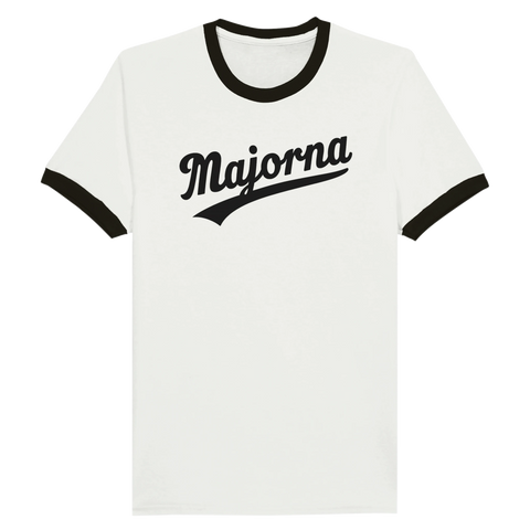 Vit retro ringer-t-shirt med svart texten "Majorna" – för dig som har hjärtat i Göteborgs kultigaste stadsdel