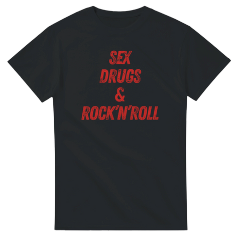 T-shirt med röd vintage-text ”Sex Drugs & Rock’n’Roll” – perfekt för rockfans och festivaler.