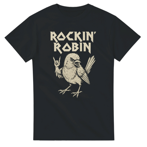 Svart t-shirt med en tecknad rödhake som gör rocktecknet "devil horns" med vingen, tillsammans med texten "Rockin' Robin". Perfekt för fågel- och hårdrocksfans.