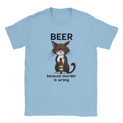 Blå t-shirt med butter katt och texten "Beer Because Murder Is Wrong"
