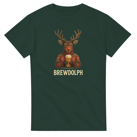 Rolig t-shirt med renen Rudolf som håller en öl och texten Brewdolph