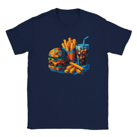 Mörkblå t-shirt med geometriskt motiv av hamburgare, pommes och läsk i starka färger.