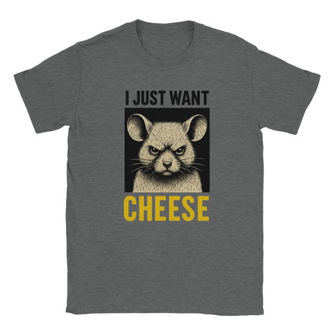 Mörkgrå t-shirt med tecknad arg mus och texten "I Just Want Cheese" i svart och gult.