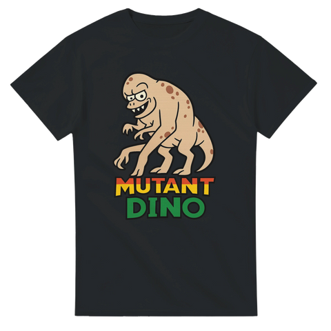 Svart t-shirt med humoristiskt dinosauriemotiv: en tecknad mutant-dino med galet utseende och texten "Mutant Dino", perfekt för retroälskare och nördhumor
