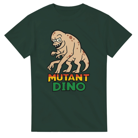 Mörkgrön t-shirt med tecknad mutantdinosaurie och texten "Mutant Dino"