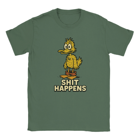 Grön t-shirt med tecknad smutsig anka och texten "Shit Happens"