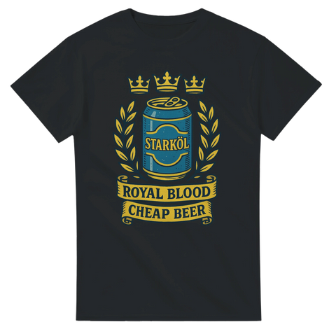 Svart t-shirt med ölburk, kungakrona och texten ”Royal Blood Cheap Beer” – en blinkning till svensk starköl och billig bärs.