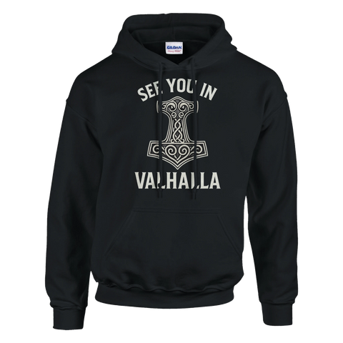 Svart hoodie med vikingamotiv – Mjölner och texten "SEE YOU IN VALHALLA"