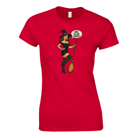 Röd t-shirt med pinup-häxa och texten "Big Broom Energy", humoristiskt motiv