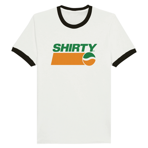 Retro T-shirt där Shirty gör parodi på Pepsis klassiska logga i orange och grönt.