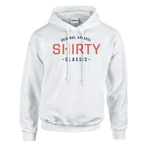 Vit hoodie med texten "SHIRTY CLASSIC – Original Apparel" i retrostil