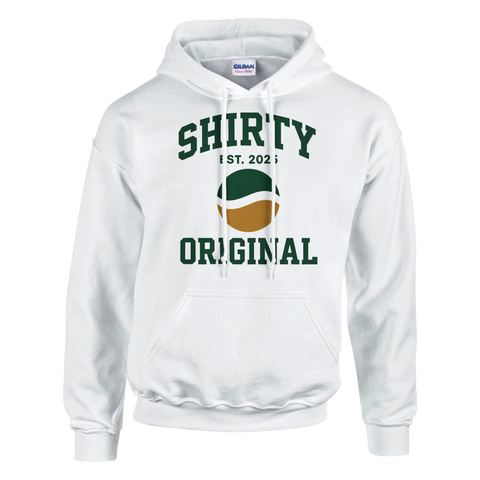Vit hoodie med grön text "SHIRTY ORIGINAL" och retroemblem