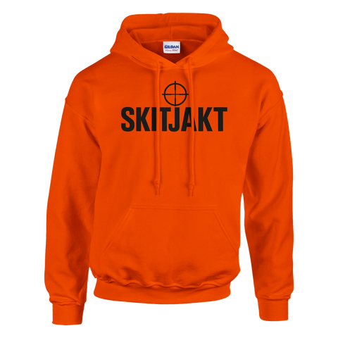 Orange hoodie med svart text "SKITJAKT" och kikarsikte-symbol för jägare