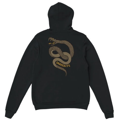 Unisex-hoodie med stort ryggtryck: detaljerad slingrande orm och texten Snakebite – trendig och tuff streetwear-design.