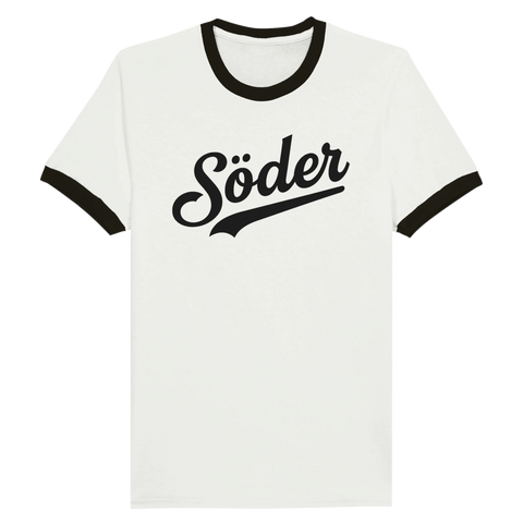 Vit t-shirt med svarta muddar och retroinspirerad text "Söder" i svart skriptstil