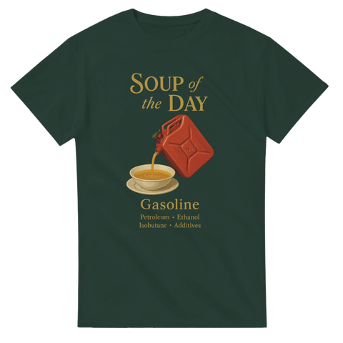 Grön t-shirt med tecknad soppaskål där bensin hälls upp från en röd dunk, med texten "Soup of the Day – Gasoline", perfekt för bilfolk och raggare.
