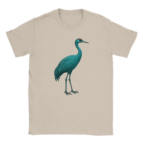 T-shirt med illustration av en turkos trana i stilren grafisk design