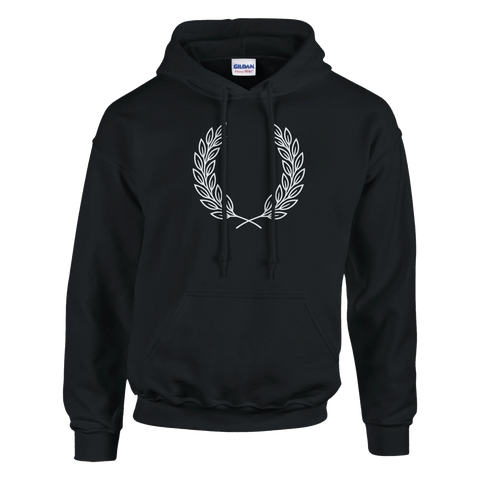 Svart hoodie med vitt tryck av en klassisk lagerkrans – stilren och minimalistisk design för vardag och streetwear.