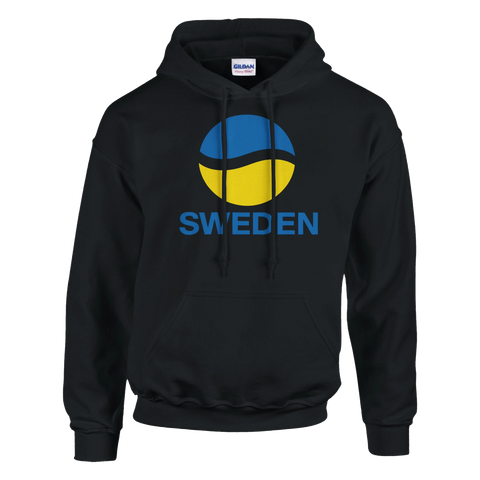 Svart hoodie med blå-gul grafisk boll och texten "SWEDEN"