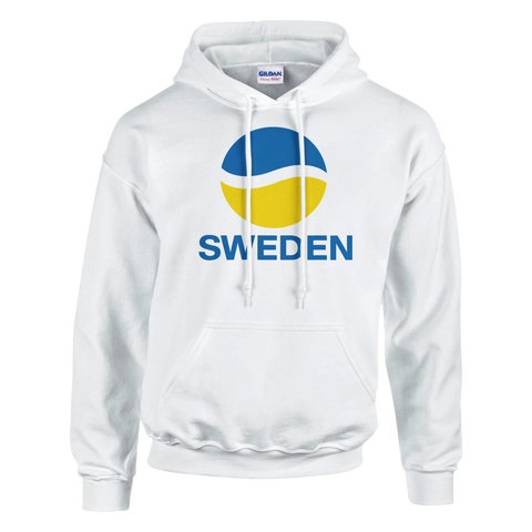 Vit hoodie med blå-gul grafisk boll och texten "SWEDEN"