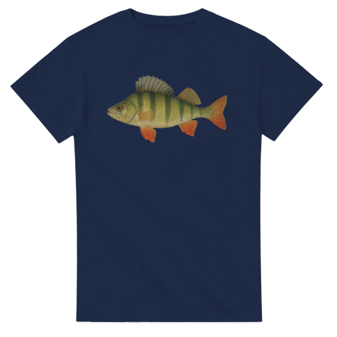 T-shirt med realistisk illustration av abborre – marinblå bakgrund – perfekt för sportfiske och fritid