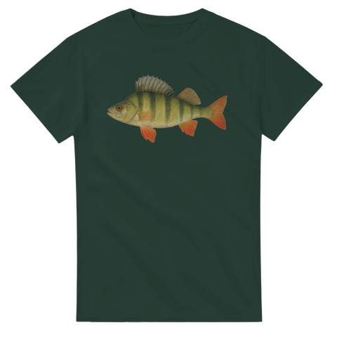 T-shirt med realistisk illustration av abborre – skogsgrön bakgrund – perfekt för sportfiske och fritid