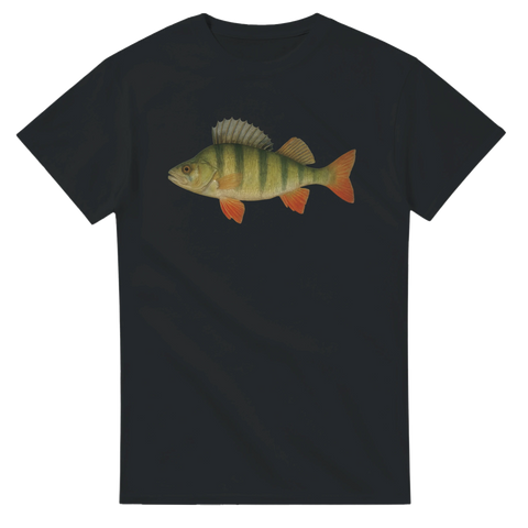 T-shirt med realistisk illustration av abborre – svart bakgrund – perfekt för sportfiske och fritid
