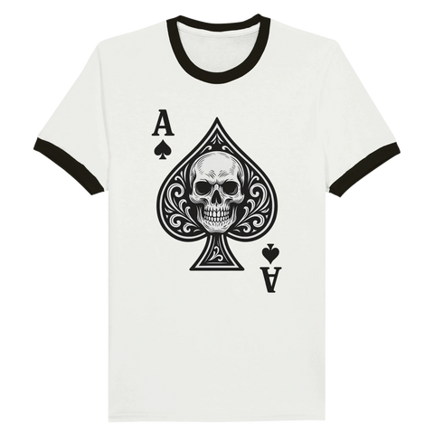 T-shirt med dödskalle i spader ess på vit ringer-tröja
