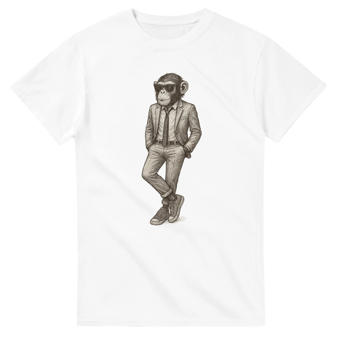 T-shirt med schimpans i kostym, händer i fickorna, vit bakgrund
